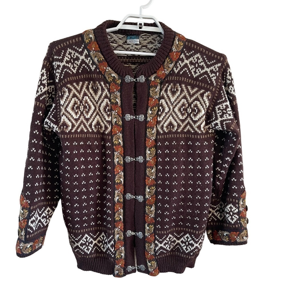 DALE OF NORWAY Wool Cardigan Sweater brown cream metal closures Size M 50